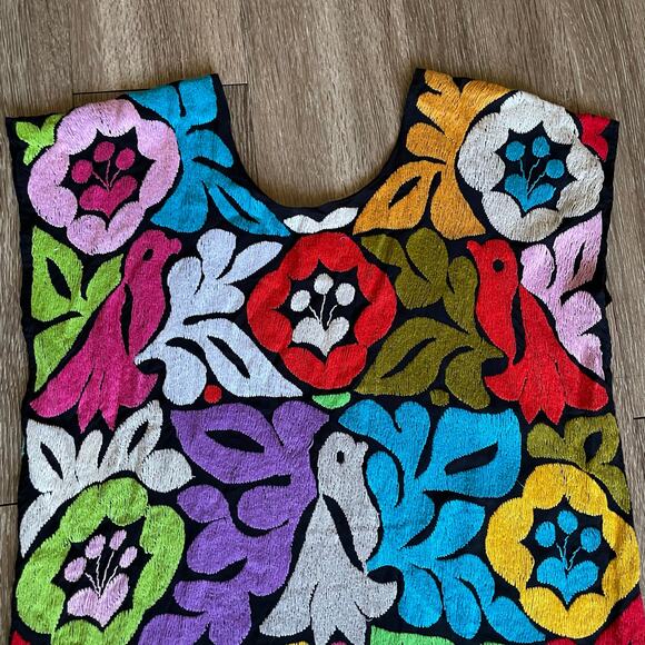 Mexican Colorful Black Hand Embroidered Jalapa Blouse Oaxacan Floral Hand Small - Picture 11 of 15
